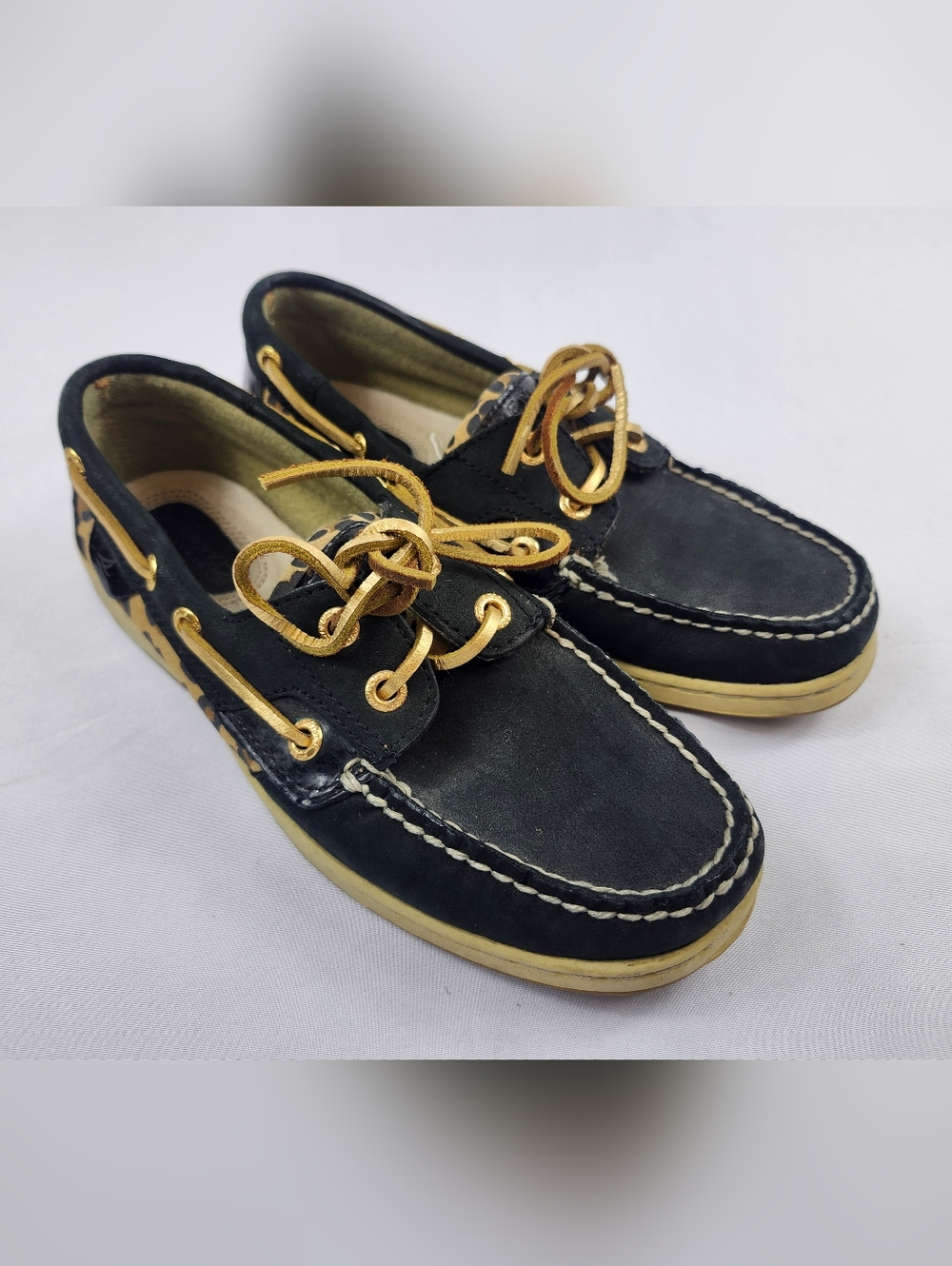 Sperry Topsider Women's 6 M Black Boat Shoes Flats Moccasin Leopard Print